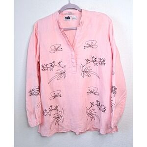 Edward 100% Irish Linen Blouse Popover Tunic Women's M Pink Embroidered Coastal